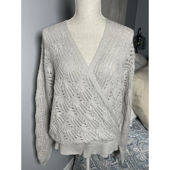 Lovestitch Knit Wrap Sweater L Gray Open Weave Boho Textured Cozy Balletcore - Picture 3 of 8